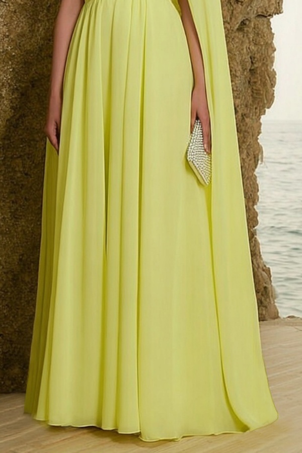 Formal Dress Yellow Crew Neck Cape Maxi Dress