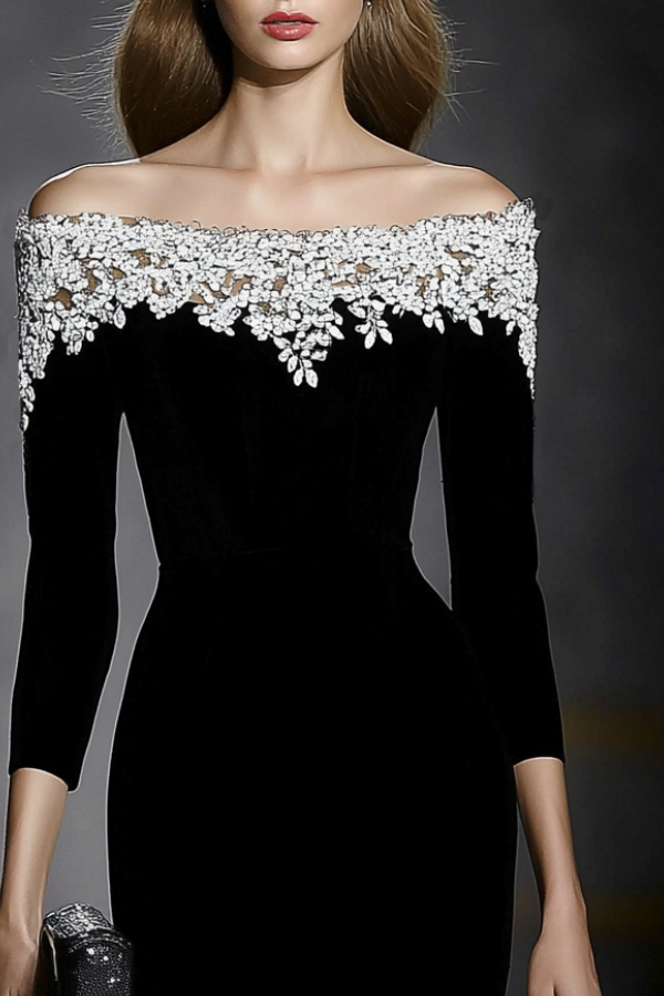 Party Cocktail Dress Black Off Shoulder Lace Midi Dress