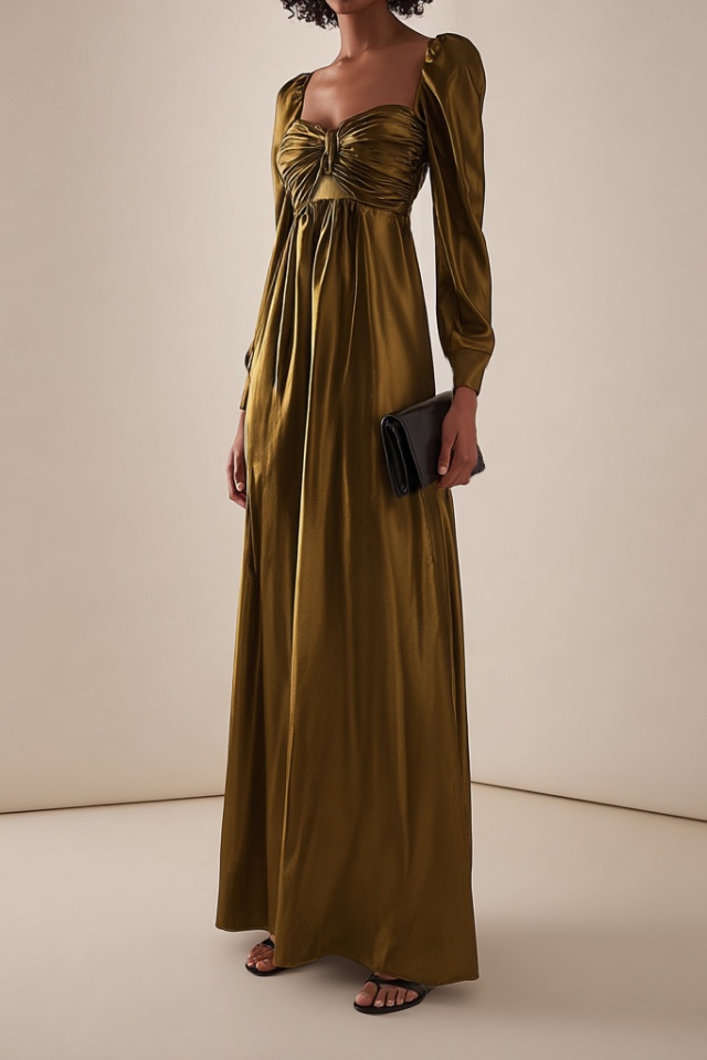 Formal Evening Dress Green Square Neck Ruched Maxi Dress