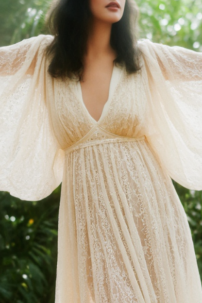 Bohemian Lace Dress White Deep V  Floor-Length Dress