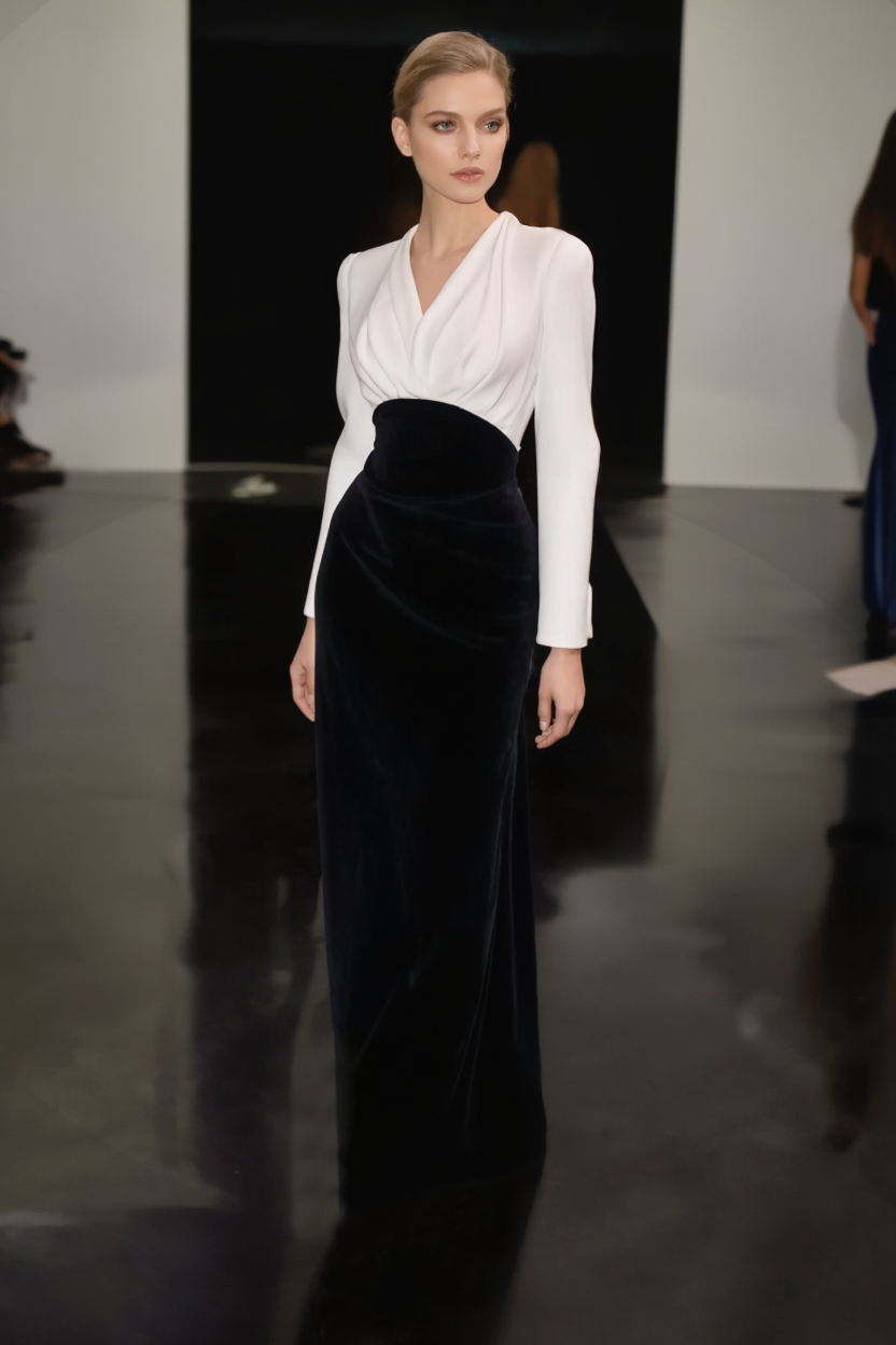 Formal Evening Dress Black White V Neck Maxi Velvet Dress