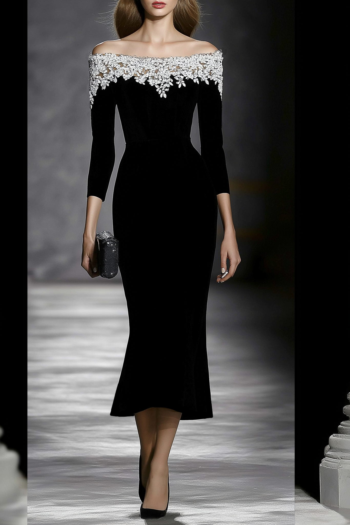 Party Cocktail Dress Black Off Shoulder Lace Midi Dress