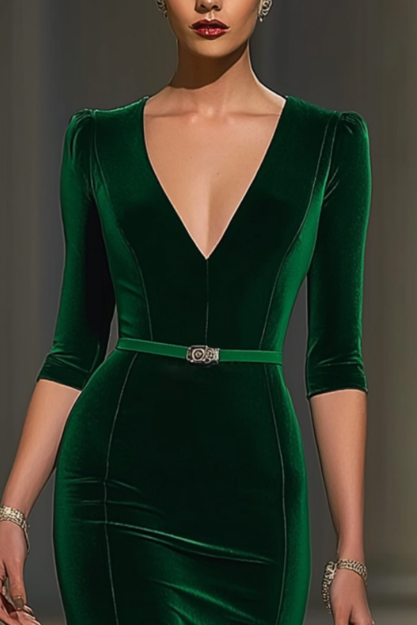 Formal Evening Dress Green V Neck Velvet Maxi Dress