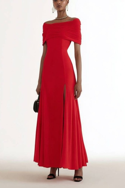 Formal Evening Dress Red Off Shoulder Slit Maxi Dress