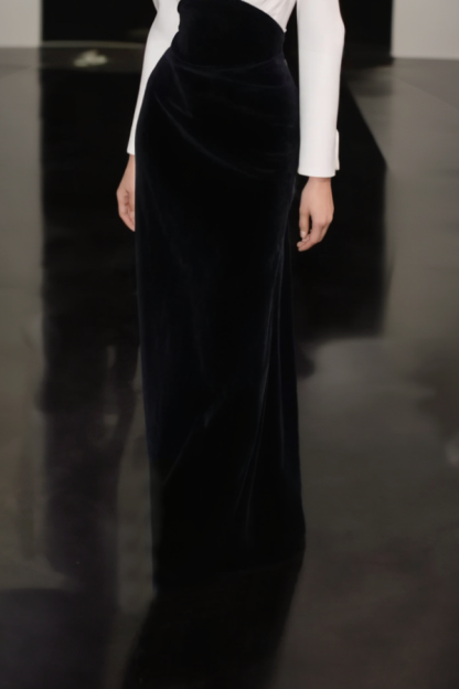 Formal Evening Dress Black White V Neck Maxi Velvet Dress