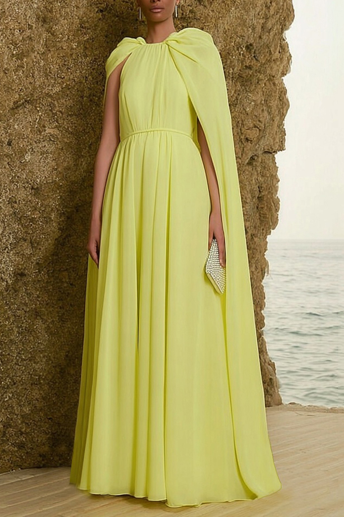 Formal Dress Yellow Crew Neck Cape Maxi Dress