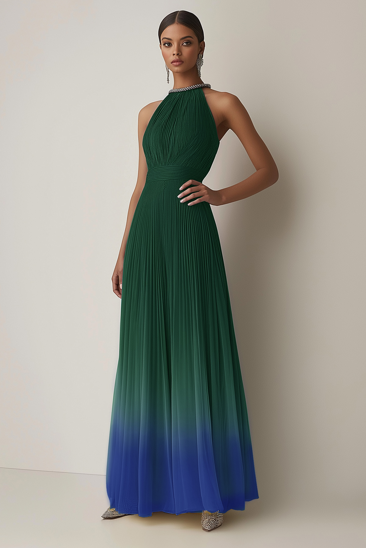Evening Halter Dress Green-Blue Ombre Pleated Chiffon Maxi Dress