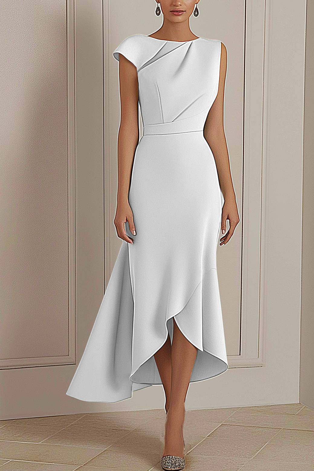 Daily Party Dress Sage Green Round Neck Asymmetric Midi Dress