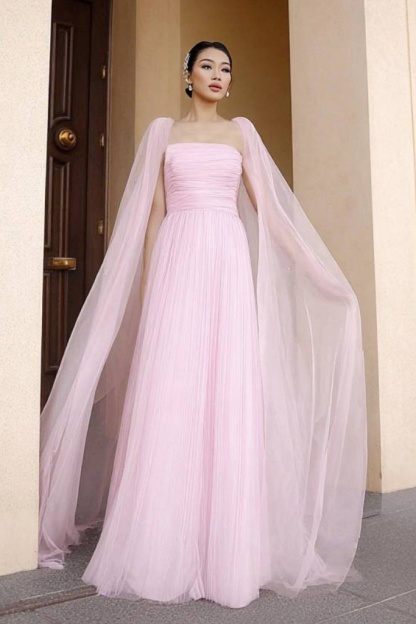Formal Swing Dress Pink Strapless Cape Maxi Dress