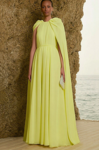 Formal Dress Yellow Crew Neck Cape Maxi Dress