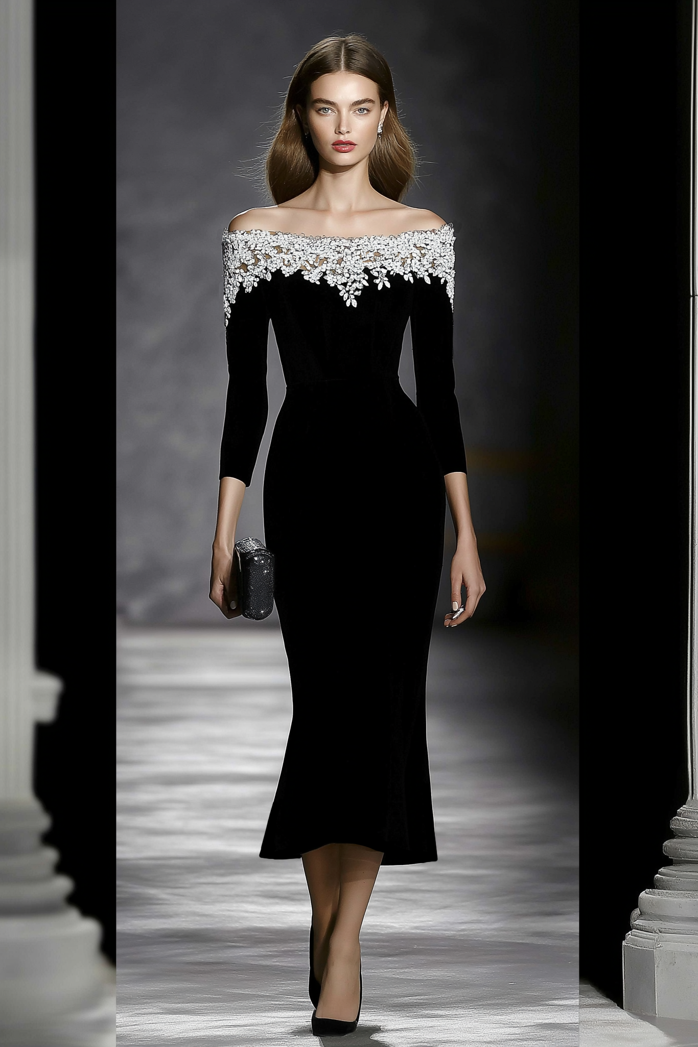 Party Cocktail Dress Black Off Shoulder Lace Midi Dress