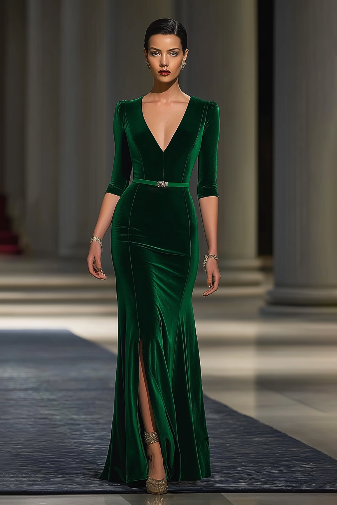 Formal Evening Dress Green V Neck Velvet Maxi Dress