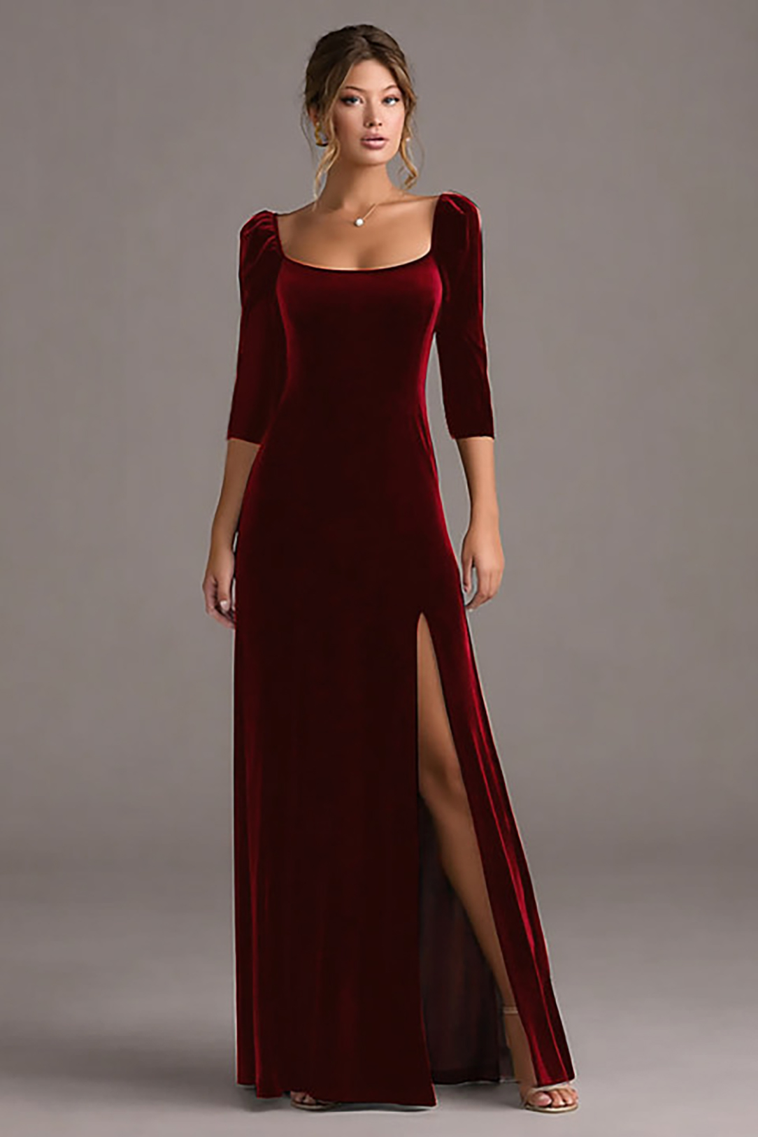 Formal Evening Dress Burgundy Square Neck Velvet Maxi Dress