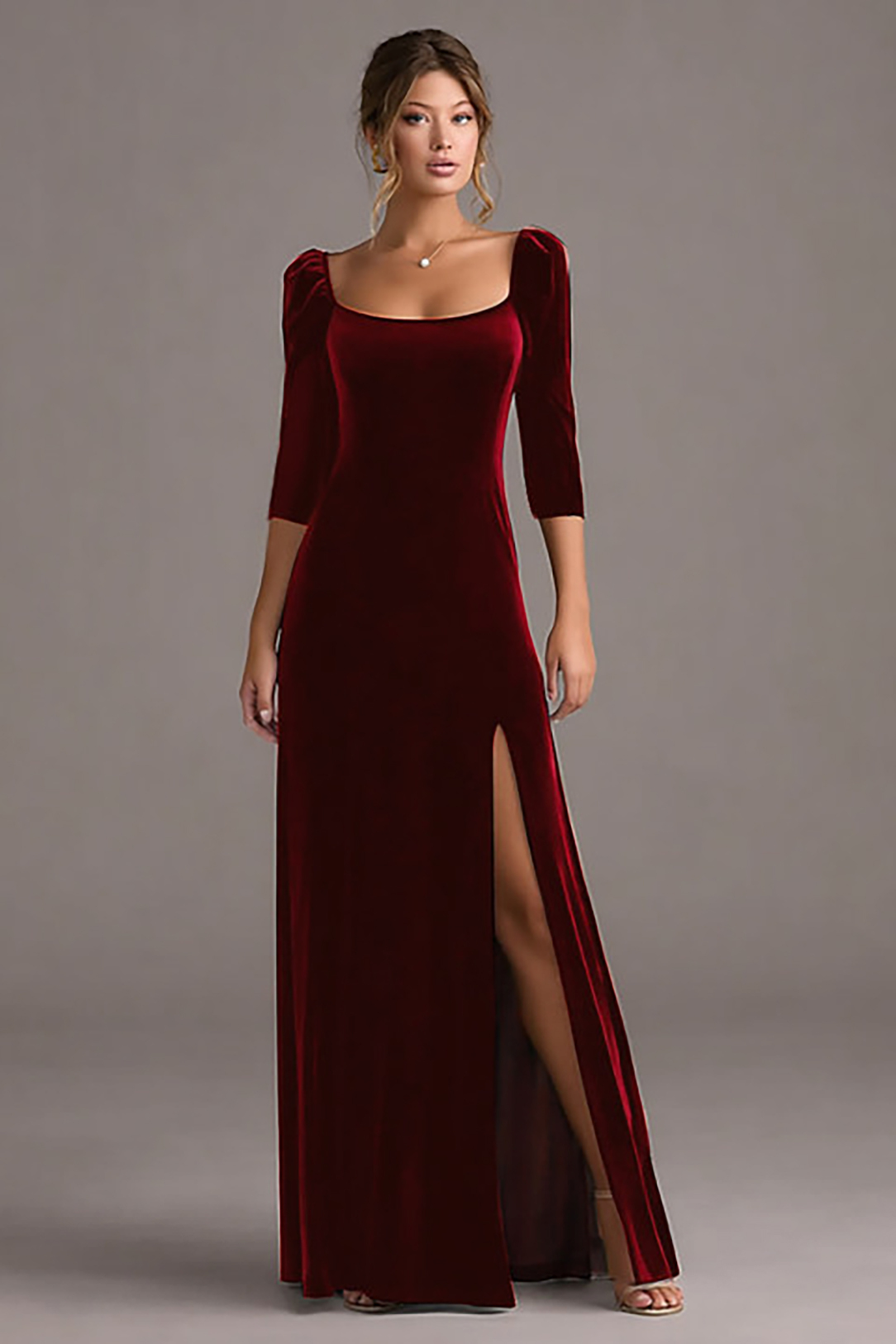Formal Evening Dress Burgundy Square Neck Velvet Maxi Dress