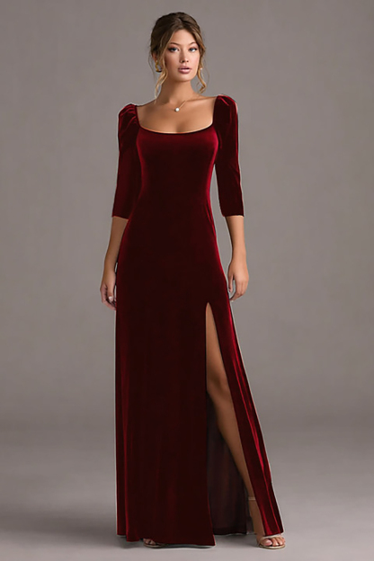 Formal Evening Dress Burgundy Square Neck Velvet Maxi Dress