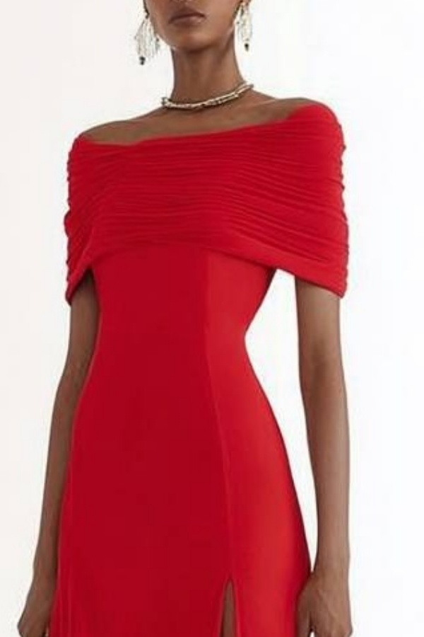 Formal Evening Dress Red Off Shoulder Slit Maxi Dress