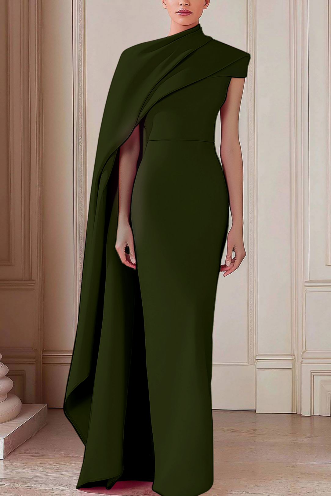 Formal Evening Dress One-shoulder Cape Light Pink Slim Maxi Dress