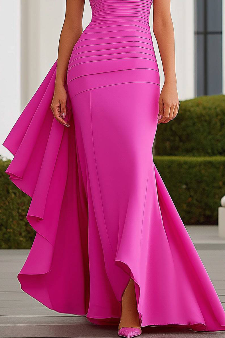 Party Mermaid Dress Fuchsia Tube Top Pleated Maxi Dress-chiclody