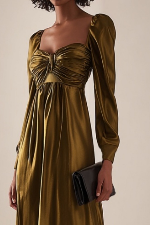 Formal Evening Dress Green Square Neck Ruched Maxi Dress