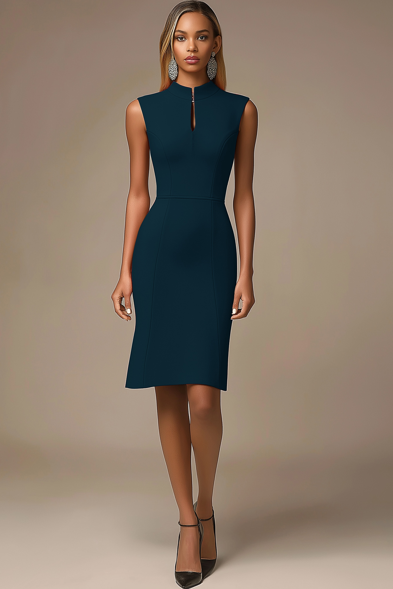 Work Business Red Dress Sleeveless Stand Collar Knee-Length Dress