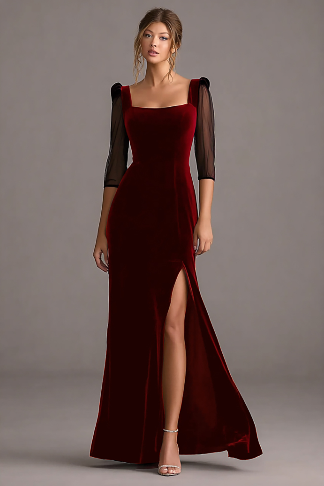 Formal Evening Dress Black Square Neck Velvet Maxi Dress