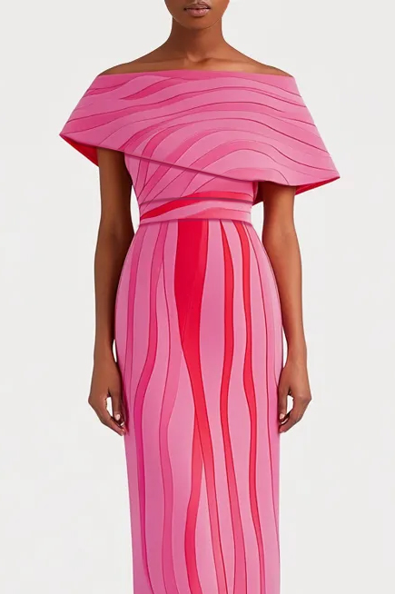 Party Pink Stripe Off The Shoulder Maxi Dress-chiclody