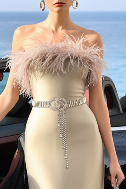 Cocktail Party Dress Golden Strapless Belted Feather Midi Dress
