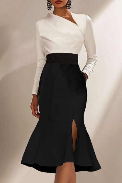 White Black Long-Sleeve Pencil Dress Flare Mermaid Dress