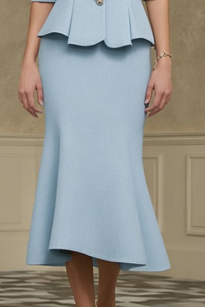 Work Outfit Sets Blue Crew Neck Ruffle Mermaid Skirt Set 