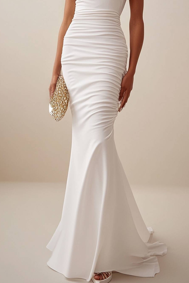 Elegant White Mermaid Evening Gown Ruffled Off Shoulder Neckline Maxi Dress