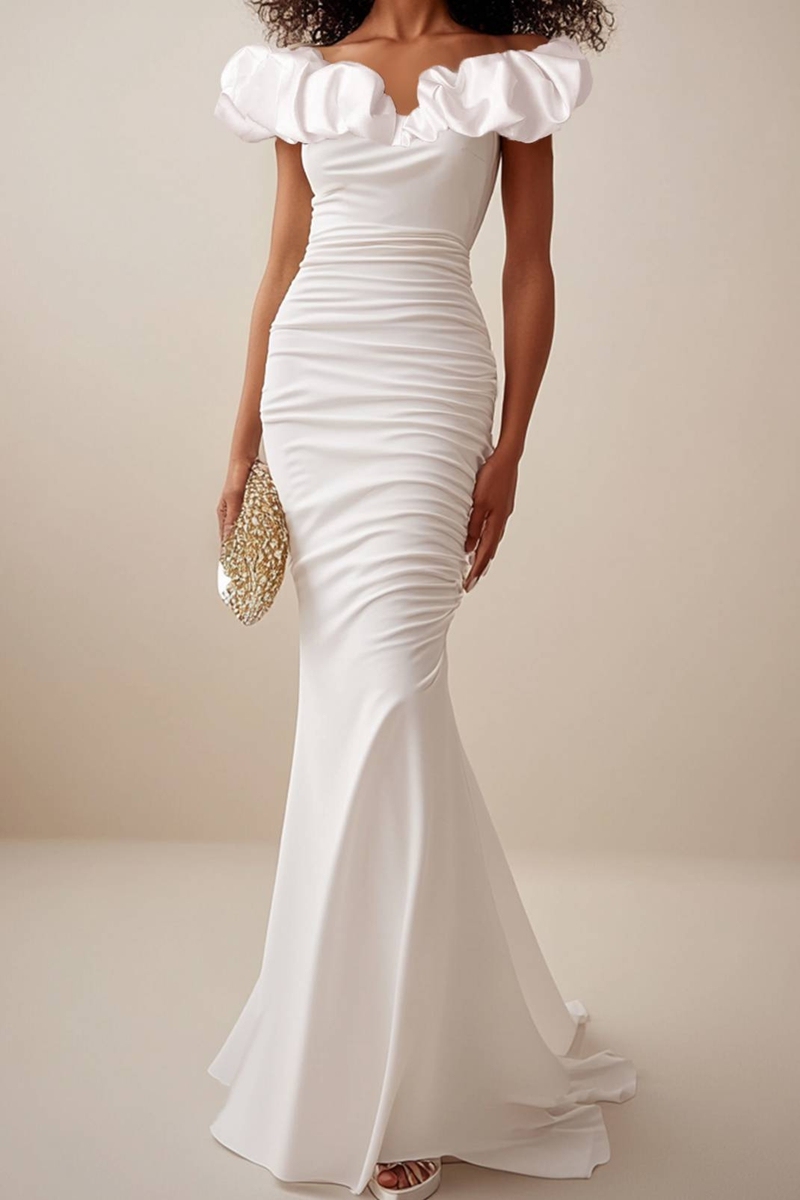 White Formal Elegant Off Shoulder Maxi Dress