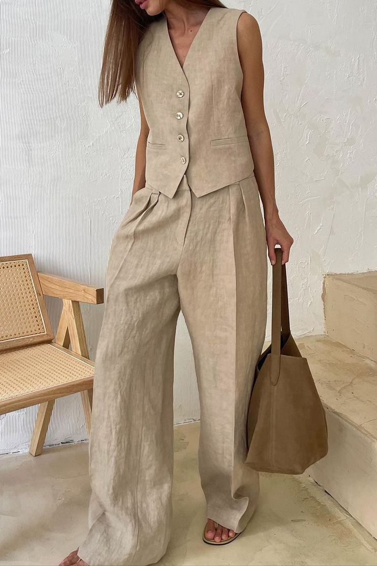 Casual Daily Vest Set Sleeveless Vest Long Wide-Leg Pants Set