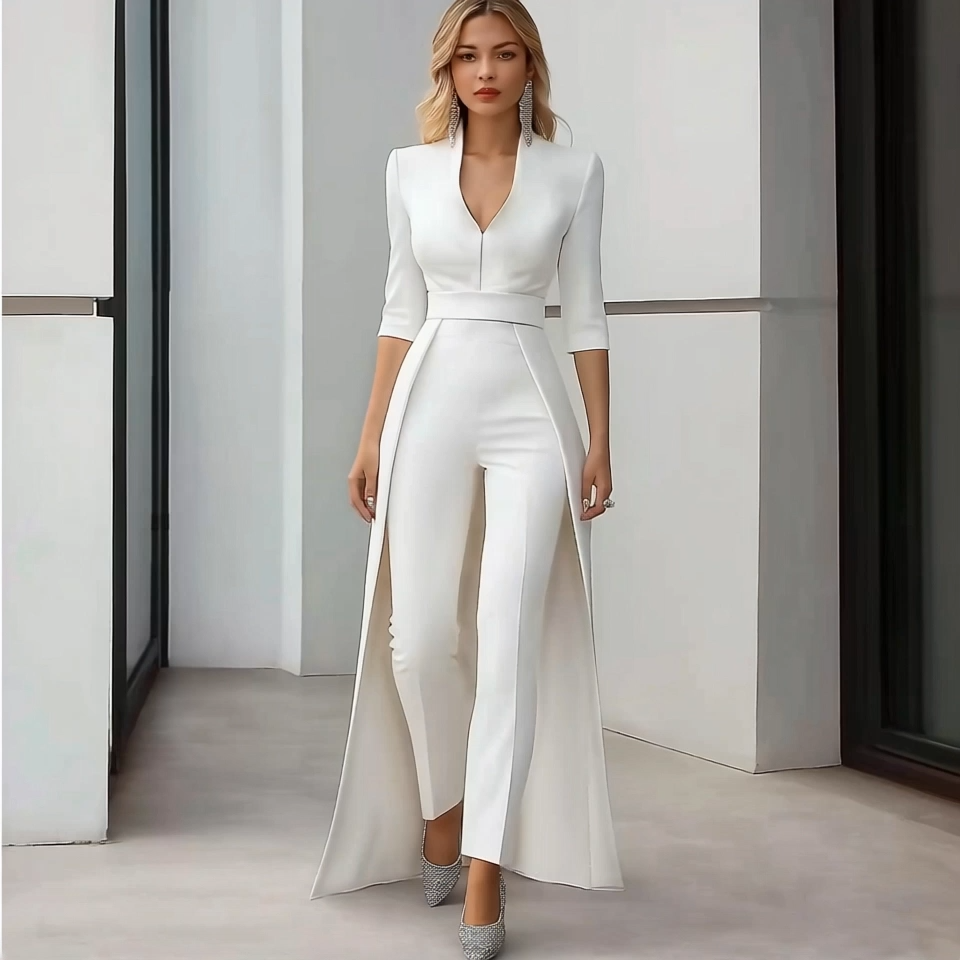 Semi-Formal Party Jumpsuit White V-Neck Half-Sleeve Cape Slim Jumpsuit