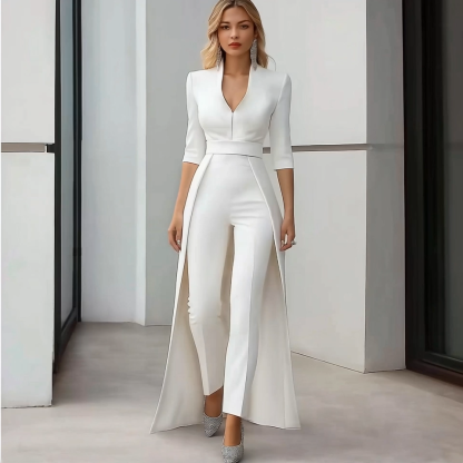 Semi-Formal Party Jumpsuit White V-Neck Half-Sleeve Cape Slim Jumpsuit