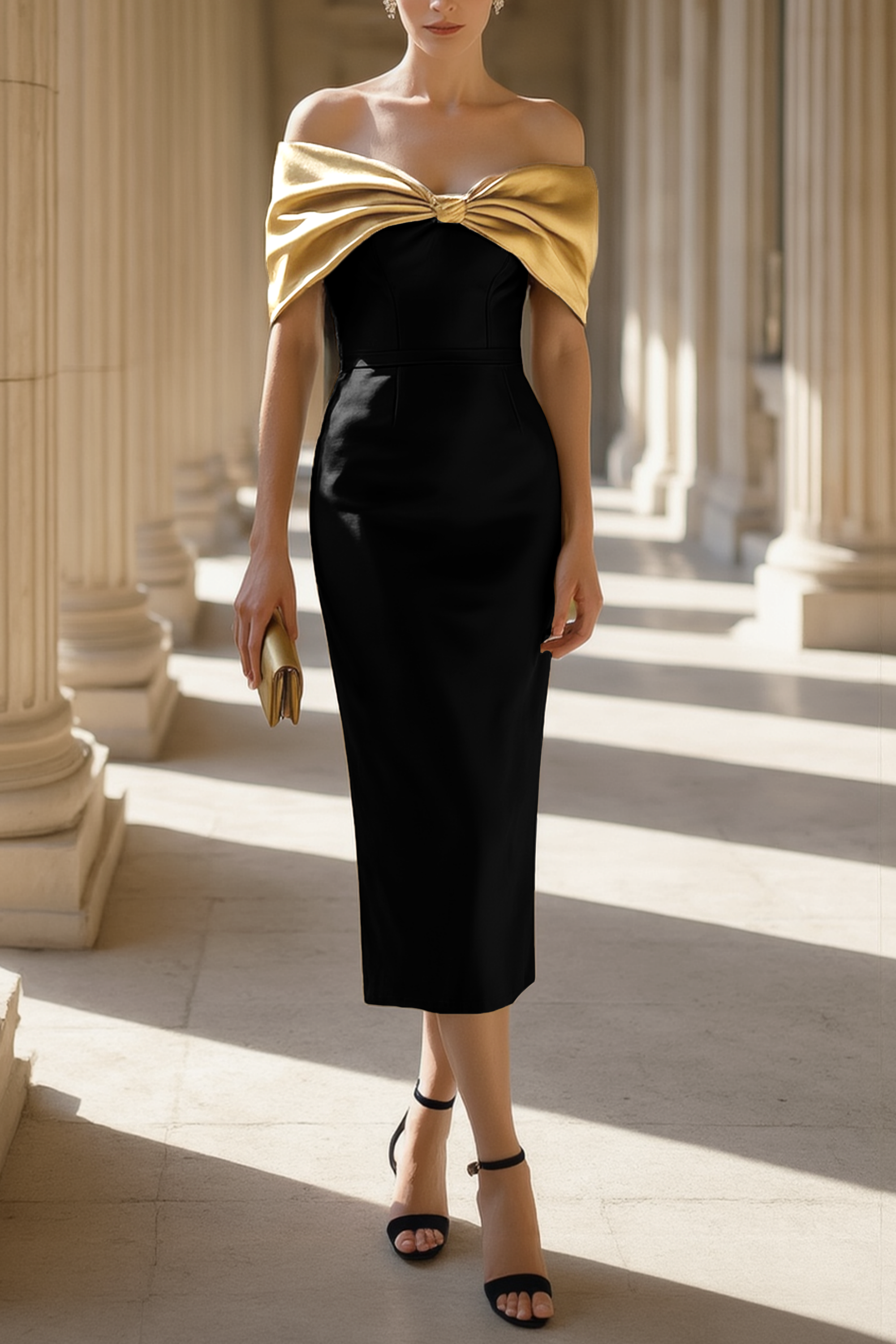 ​Semi Formal Dress​ Golden Off Shoulder Midi Dress