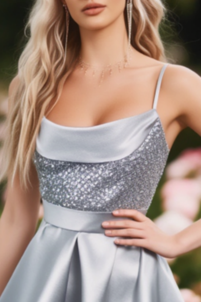 Homecoming​ Party Satin Dress​​ Gray Spaghetti Strap Midi Dress