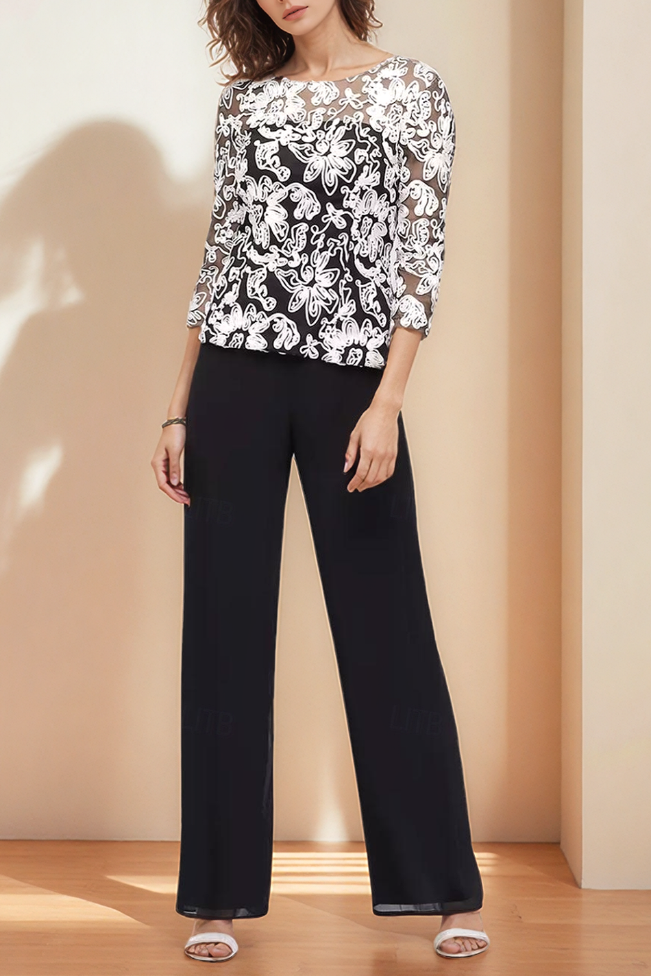 Black Pants Set Crew Neck Top 3 Piece for Mother of the Bride