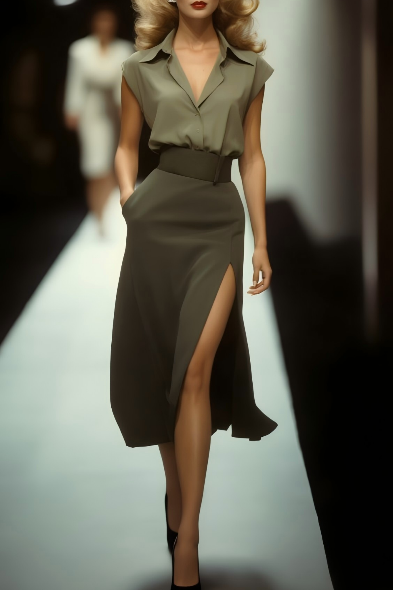 Work Shirt Skirt Set​​ Green Lapel Knee Dress Set