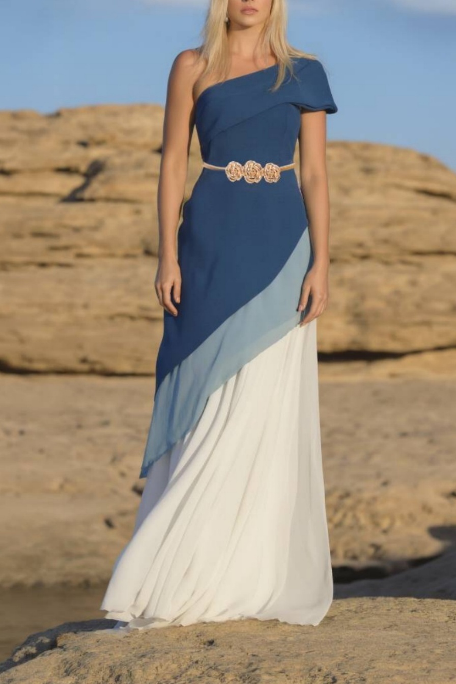 Boho Outfit Sets Blue One Shoulder Floor-Length Skirt Set