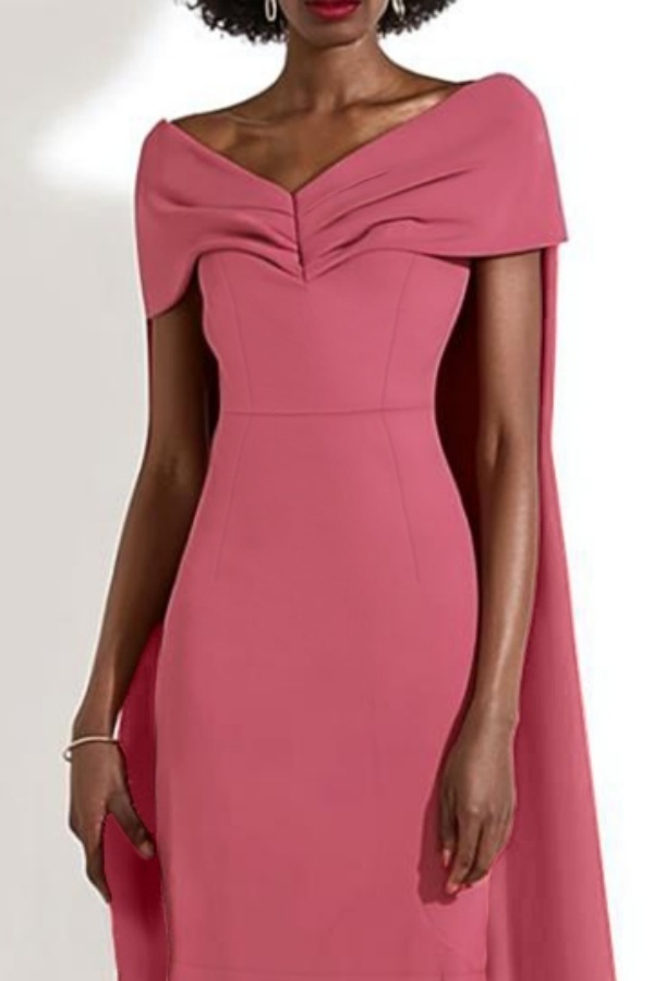 Formal Evening Dress Pink V Neck Cape Maxi Dress