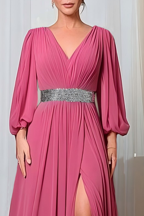 Formal Evening Dress Rose V Neck Slit Maxi Dress