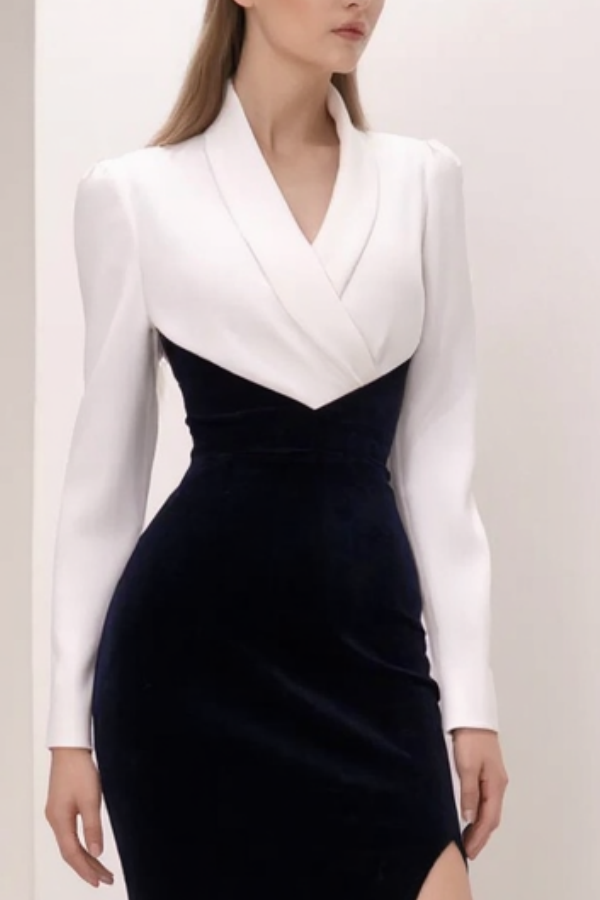 Formal Evening Dress Black White Lapel Slit Velvet Maxi Dress