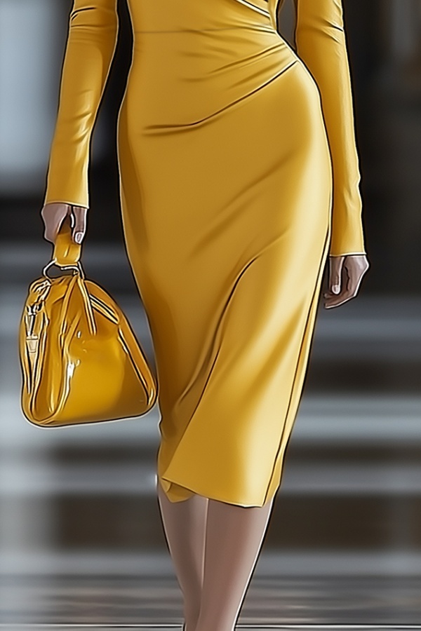 Cocktail Party Dress Yellow V Neck Long Sleeve Midi Dress