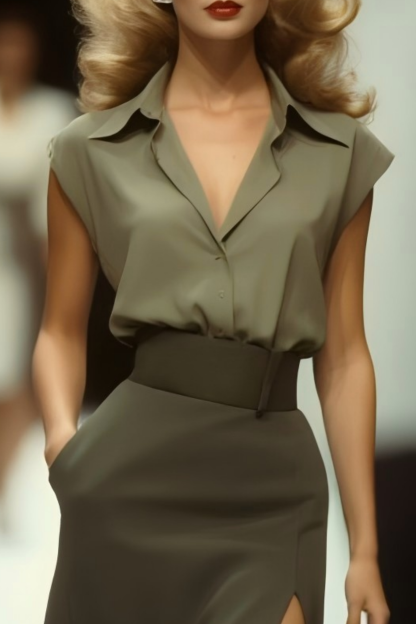 Work Shirt Skirt Set​​ Green Lapel Knee Dress Set