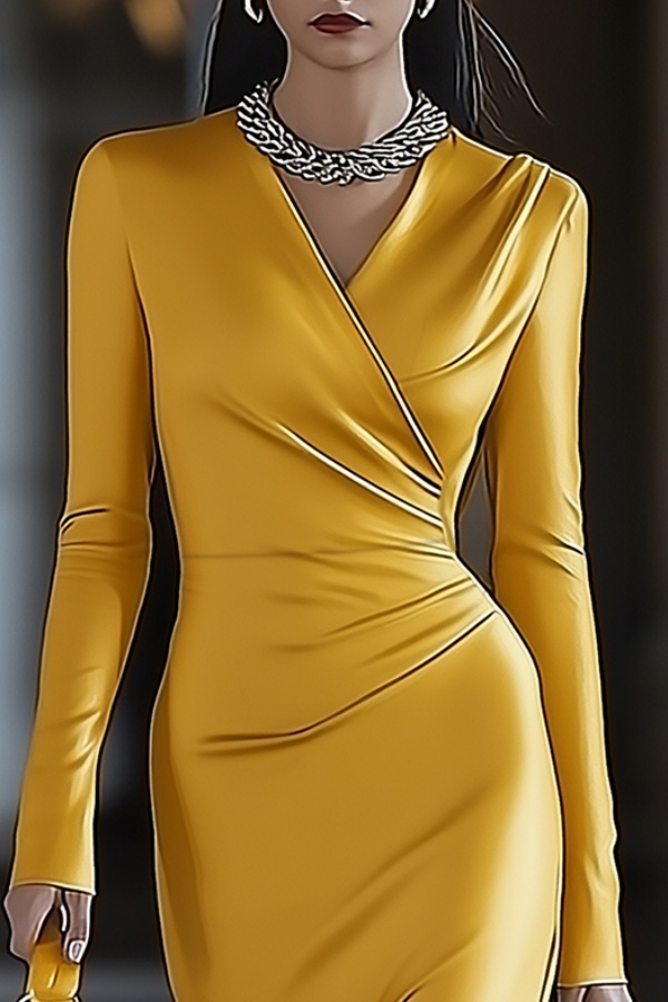 Cocktail Party Dress Yellow V Neck Long Sleeve Midi Dress