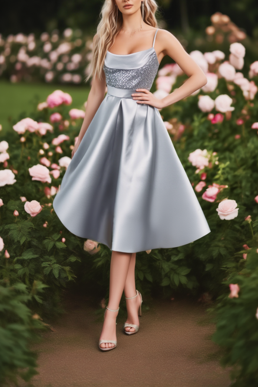 Homecoming​ Party Satin Dress​​ Gray Spaghetti Strap Midi Dress