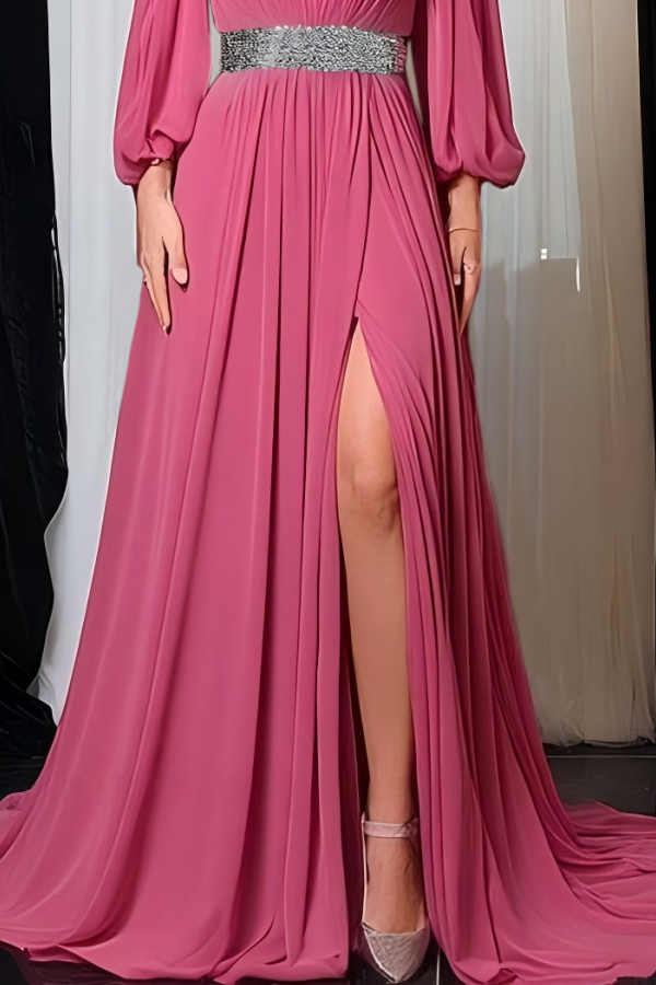Formal Evening Dress Rose V Neck Slit Maxi Dress