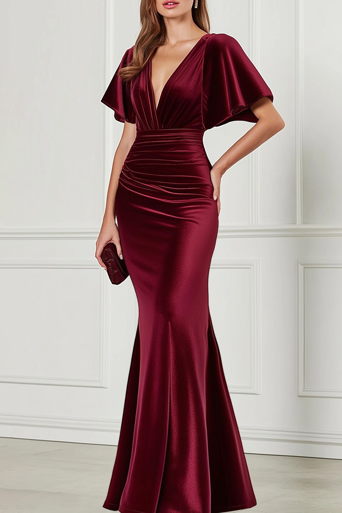 Formal Evening Dress Burgundy V Neck Velvet Maxi Dress