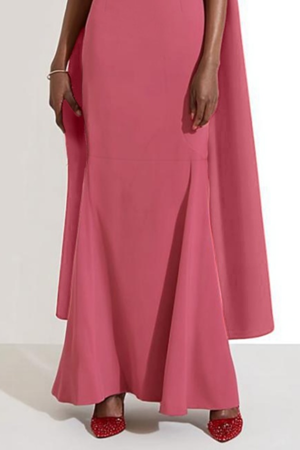 Formal Evening Dress Pink V Neck Cape Maxi Dress