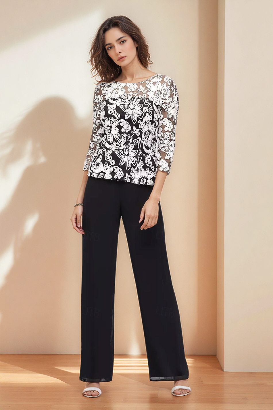 Black Pants Set Crew Neck Top 3 Piece for Mother of the Bride
